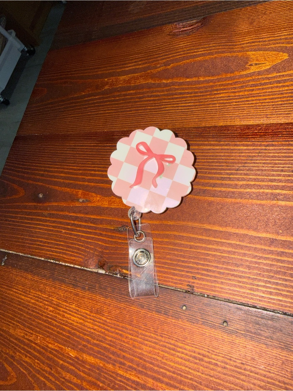 Pink Checkerboard Bow Retractable Badge Reel ID Holder